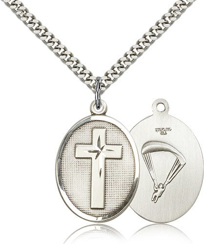 Paratrooper Cross Pendant, Sterling Silver - 24&quot; 2.4mm Rhodium Plate Endless Chain