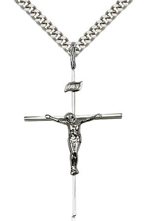 Crucifix Pendant, Sterling Silver - 24&quot; 2.4mm Rhodium Plate Endless Chain