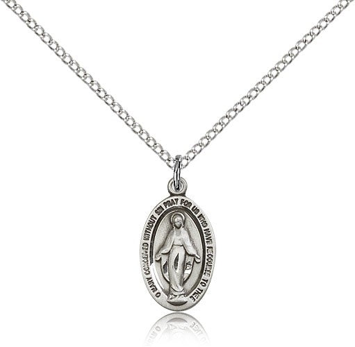 Miraculous Medal, Sterling Silver - 18&quot; 1.2mm Sterling Silver Chain + Clasp
