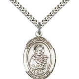 St. Christian Demosthenes Medal, Sterling Silver, Large - 24&quot; 2.4mm Rhodium Plate Chain + Clasp