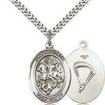 St. George Paratrooper Medal, Sterling Silver, Large - 24&quot; 2.4mm Rhodium Plate Chain + Clasp