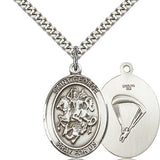 St. George Paratrooper Medal, Sterling Silver, Large - 24&quot; 2.4mm Rhodium Plate Chain + Clasp
