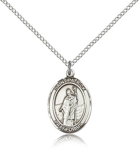 St. Patrick Medal, Sterling Silver, Medium - 18&quot; 1.2mm Sterling Silver Chain + Clasp