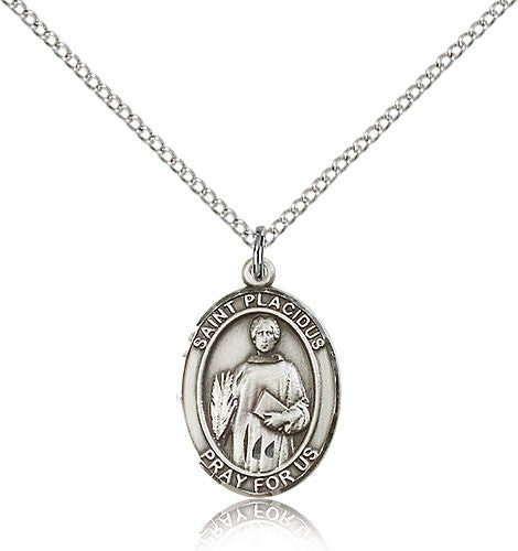St. Placidus Medal, Sterling Silver, Medium - 18&quot; 1.2mm Sterling Silver Chain + Clasp