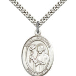 St. Dunstan Medal, Sterling Silver, Large - 24&quot; 2.4mm Rhodium Plate Chain + Clasp