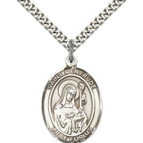 St. Gertrude of Nivelles Medal, Sterling Silver, Large - 24&quot; 2.4mm Rhodium Plate Chain + Clasp