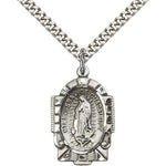 Our Lady of Guadalupe Medal, Sterling Silver - 24&quot; 2.4mm Rhodium Plate Endless Chain