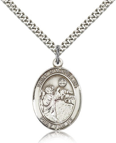 St. Nimatullah Medal, Sterling Silver, Large - 24&quot; 2.4mm Rhodium Plate Chain + Clasp