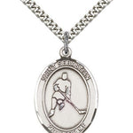 St. Sebastian Field Hockey Medal, Sterling Silver, Large - 24&quot; 2.4mm Rhodium Plate Chain + Clasp