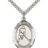 St. Sebastian Field Hockey Medal, Sterling Silver, Large - 24&quot; 2.4mm Rhodium Plate Chain + Clasp