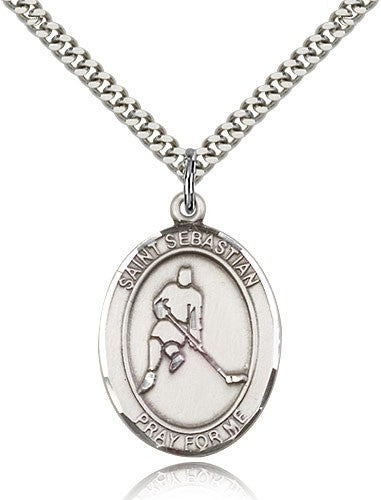 St. Sebastian Field Hockey Medal, Sterling Silver, Large - 24&quot; 2.4mm Rhodium Plate Chain + Clasp