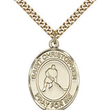 St. Christopher Ice Hockey Medal, Gold Filled, Large - 24&quot; 2.4mm Gold Plated Chain + Clasp