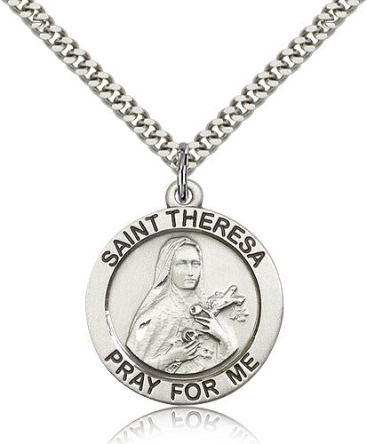 St. Theresa Medal, Sterling Silver - 24&quot; 2.4mm Rhodium Plate Endless Chain