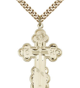 St. Olga Cross Pendant, Gold Filled - 24&quot; 2.4mm Gold Plated Endless Chain
