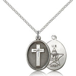 Army Cross Pendant, Sterling Silver - 18&quot; 1.2mm Sterling Silver Chain + Clasp