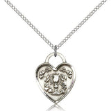 Communion Heart Medal, Sterling Silver - 18&quot; 1.2mm Sterling Silver Chain + Clasp