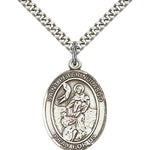 St. Peter Nolasco Medal, Sterling Silver, Large - 24&quot; 2.4mm Rhodium Plate Chain + Clasp