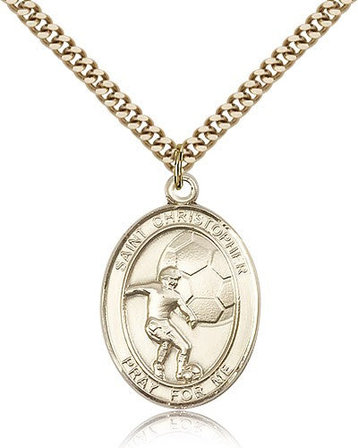 St. Christopher Soccer Medal, Gold Filled, Large - 24&quot; 2.4mm Gold Plated Chain + Clasp