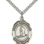 St. Sebastian Skiing Medal, Sterling Silver, Large - 24&quot; 2.4mm Rhodium Plate Chain + Clasp