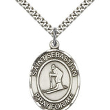 St. Sebastian Skiing Medal, Sterling Silver, Large - 24&quot; 2.4mm Rhodium Plate Chain + Clasp