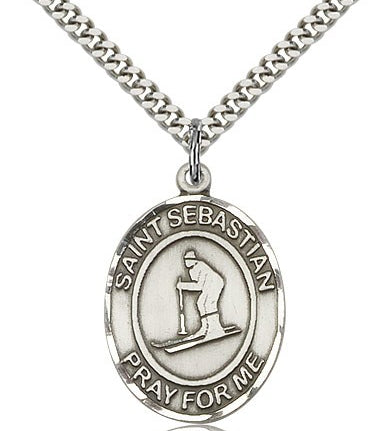 St. Sebastian Skiing Medal, Sterling Silver, Large - 24&quot; 2.4mm Rhodium Plate Chain + Clasp