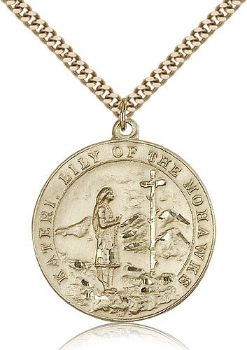St. Kateri Medal, Gold Filled - 24&quot; 2.4mm Gold Plated Endless Chain