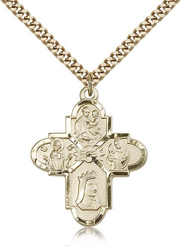 Franciscan 4 Way Cross Pendant, Gold Filled - 24&quot; 2.4mm Gold Plated Endless Chain