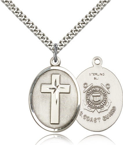 Coast Guard Cross Pendant, Sterling Silver - 24&quot; 2.4mm Rhodium Plate Endless Chain