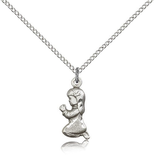 Praying Girl Medal, Sterling Silver - 18&quot; 1.2mm Sterling Silver Chain + Clasp