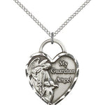 Guardian Angel Heart Medal, Sterling Silver - 18&quot; 1.2mm Sterling Silver Chain + Clasp