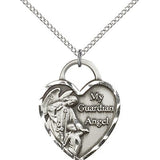 Guardian Angel Heart Medal, Sterling Silver - 18&quot; 1.2mm Sterling Silver Chain + Clasp