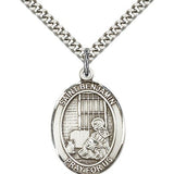 St. Benjamin Medal, Sterling Silver, Large - 24&quot; 2.4mm Rhodium Plate Chain + Clasp