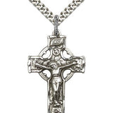 Celtic Crucifix Pendant, Sterling Silver - 24&quot; 2.4mm Rhodium Plate Endless Chain