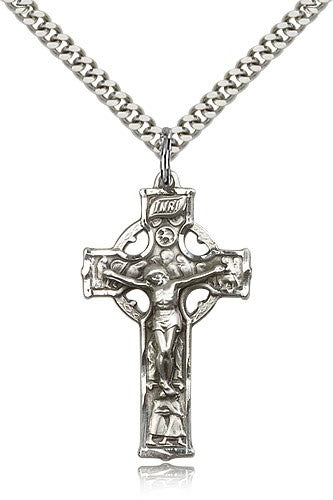 Celtic Crucifix Pendant, Sterling Silver - 24&quot; 2.4mm Rhodium Plate Endless Chain