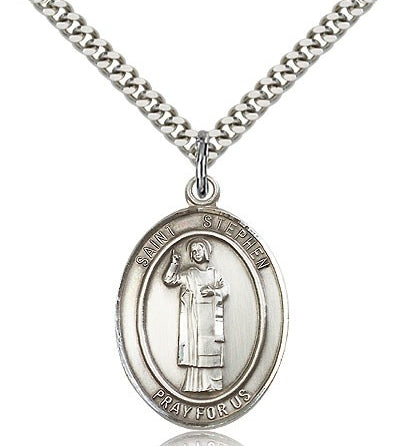 St. Stephen the Martyr Medal, Sterling Silver, Large - 24&quot; 2.4mm Rhodium Plate Chain + Clasp
