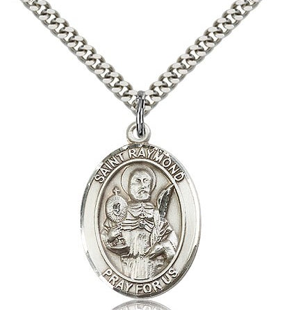 St. Raymond Nonnatus Medal, Sterling Silver, Large - 24&quot; 2.4mm Rhodium Plate Chain + Clasp
