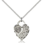 Footprints Heart Medal, Sterling Silver - 18&quot; 1.2mm Sterling Silver Chain + Clasp