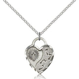 Footprints Heart Medal, Sterling Silver - 18&quot; 1.2mm Sterling Silver Chain + Clasp