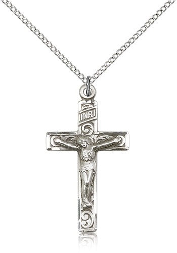 Crucifix Pendant, Sterling Silver - 18&quot; 1.2mm Sterling Silver Chain + Clasp