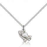 Praying Hands Medal, Sterling Silver - 18&quot; 1.2mm Sterling Silver Chain + Clasp