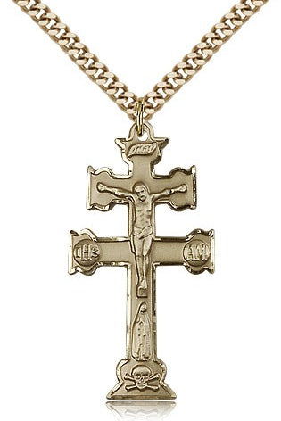 Caravaca Crucifix Pendant, Gold Filled - 24&quot; 2.4mm Gold Plated Endless Chain