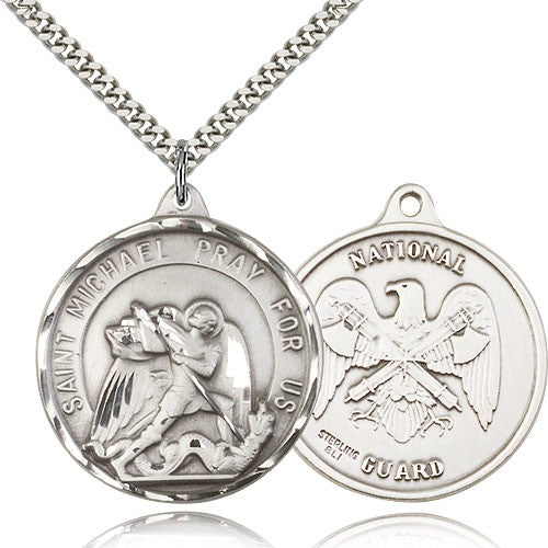 St. Joseph National Guard Medal, Sterling Silver - 24&quot; 2.4mm Rhodium Plate Endless Chain