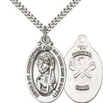 St. Christopher National Guard Medal, Sterling Silver - 24&quot; 2.4mm Rhodium Plate Endless Chain