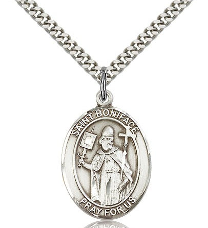 St. Boniface Medal, Sterling Silver, Large - 24&quot; 2.4mm Rhodium Plate Chain + Clasp
