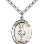 St. Sebastian Dance Medal, Sterling Silver, Large - 24&quot; 2.4mm Rhodium Plate Chain + Clasp