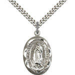Our Lady of Guadalupe Medal, Sterling Silver - 24&quot; 2.4mm Rhodium Plate Endless Chain