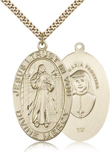 Divine Mercy Medal, Gold Filled - 24&quot; 2.4mm Gold Plated Endless Chain