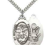 St. Michael Army Medal, Sterling Silver - 24&quot; 2.4mm Rhodium Plate Endless Chain