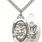 St. Michael Army Medal, Sterling Silver - 24&quot; 2.4mm Rhodium Plate Endless Chain