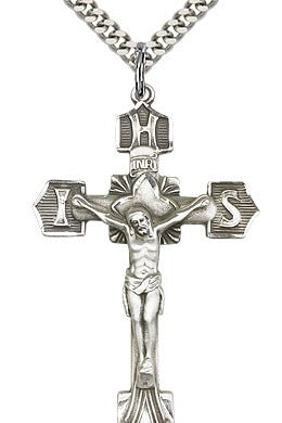 Crucifix Pendant, Sterling Silver - 24&quot; 2.4mm Rhodium Plate Endless Chain